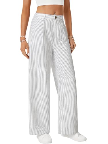 Vrtige Women's Striped Pants High Waisted Wide Leg Drawstring Casual Loose Trousers4