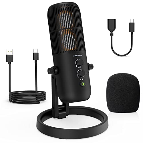 ZealSound Microphone USB pour Enregistrement, Streaming, podcasting sur PC, Mac, téléphone de Type C, Microphone à condensateur pour Ordinateur Portable PS4 et 5, Bouton muet, Construction métallique Cover