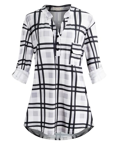 Style Slice Tunic Tops for Women UK,Checked Ladies Tops V-Neck,Plaid Blouses for Women UK
