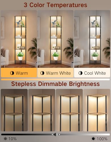 Miniatura 4 de Librería Esquinera con Luz LED Integrada, 3 Tonos de Luz, Regulable por Tacto y Mando a Distancia, Lámpara de Pie Alta con 5 Niveles para Sala de Estar, Dormitorio y Oficina
