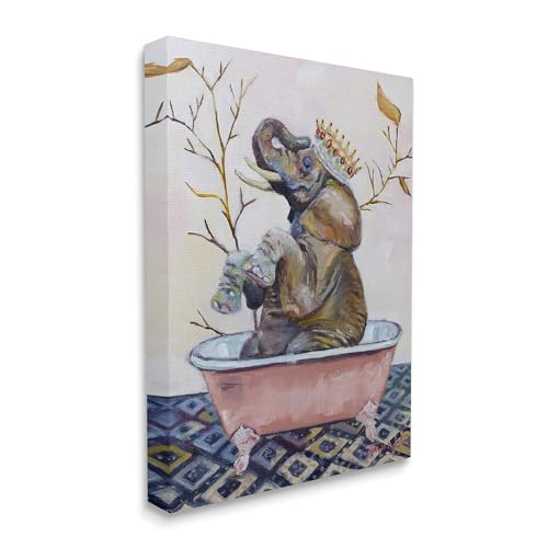 Stupell Industries Regal Safari Elephant with Pink Bath Tub, Design by Karen Weber Fine Canvas Wall Art, 24x30, Brown
