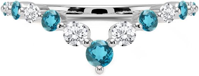 Alternate Blue Topaz & White Diamond Chevron V Shape Wedding Band For Women, 14k Gold Finish Blue Topaz Matching Contour V Shape Ring