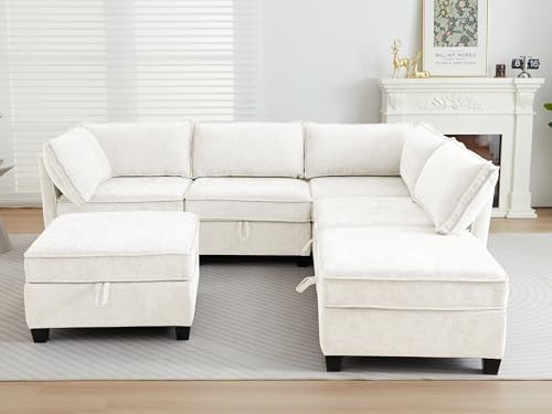 Image of ORRD Corner Modular Sectional Sofa Set, Convertible L Shaped Couch with Storage, 6 Seater Sofa Modular with Ottomans and Reversible Chaise for Living Room, Office (Beige)