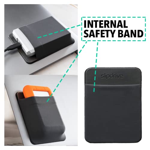 Slipdrive - Portable Hard Drive Sleeve for Laptop - HDD Hard Disk Drive - Reusable Adhesive - 5.5” x 4.5” Stick on External Hard Drive Carrying Case - Travel Pocket Pouch (Large, Black)