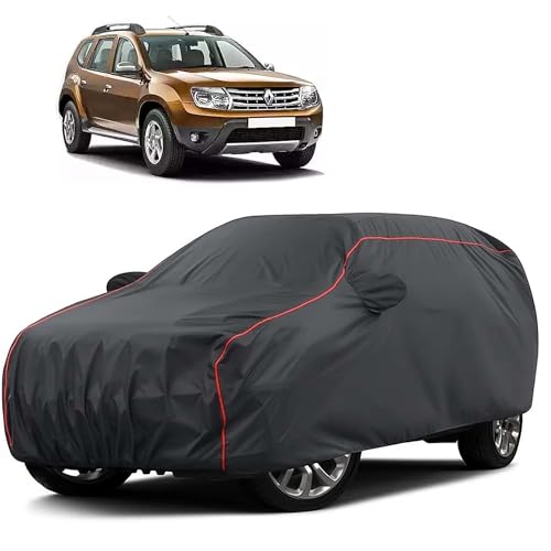 Image of Sulfar 100% Water Resistant Car Body Cover Compatible with Mirror for Renault Duster (Triple Stitched, Full Bottom Elastic, Dark Grey Taffeta with Red Piping)