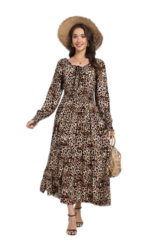 Image of OSTOO Women's 2026 Casual Long Sleeve Square Neck Smocked High Waist Flowy Maxi Dress,Boho Tiered Beach Party Dress