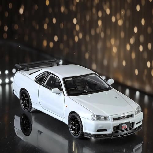 Image of 1:24 Nissan Skyline GT-R R34 Diecast Model Car, Pull Back Toy with Sound & Light, Collectible for Kids & Adults (White)