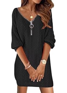 Cozyan Robe Pull Hiver Col en V Femme Chic Élégant Tricot à Manches Longues Pull Femme Manches Longues Robe Tricot Pullover Chaud Casual Automne Hiver