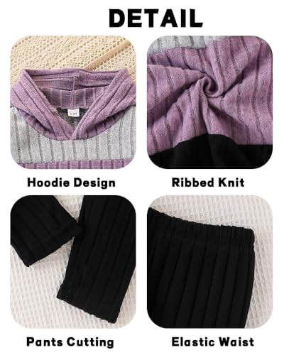 Image of Toddler Kid Girls Clothes Ribbed Color Block Long Sleeve Hoodie Sweatsuit Set Fall Outfits
