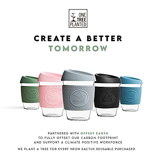 Neon Kactus Glass Coffee Cup | Reusable Glass Cup with Lid for Home or On The Go | Portable Coffee Cup | for Hot & Cold Drinks | Durable, Non-Permeable, Non-Slip, Splash-Proof | Happy Camper, 12oz