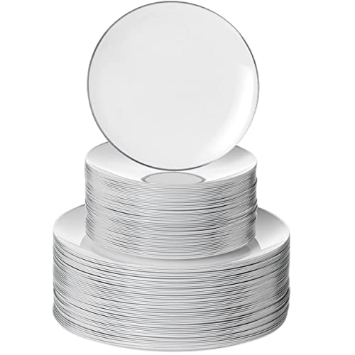 Disposable Plastic White Plates Combo | 50 7.5 In. Silver Rim Appetizer/Dessert Plastic Plates And 50 10 In. Silver Rim Plastic Dinner Plates | Heavy Duty Plates For Wedding, Parties Or Catering #TOP23