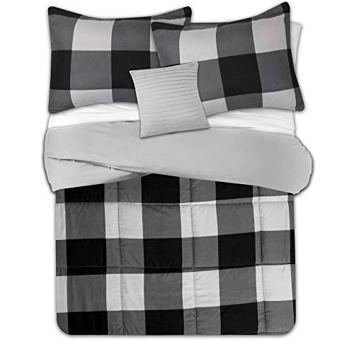 7 Piece Comforter Set Bag Solid Color All Season Soft Down Alternative Blanket & Luxurious Microfiber Bed Sheets, Queen, Buffalo Plaid Black/Gray