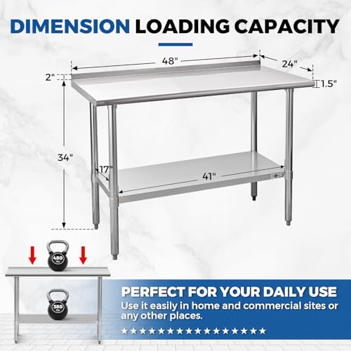 Profeeshaw Stainless Steel Prep Table NSF Commercial Work Table with Backsplash and Undershelf for Kitchen Restaurant 48x24 Inch by Profeeshaw - Image 2