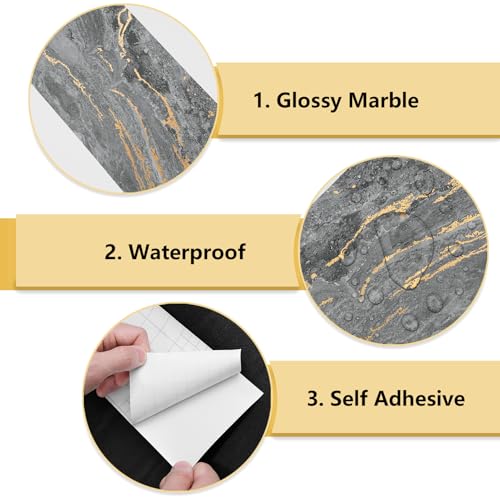 Wallercity Papel de parede de mármore preto/dourado, descasque e cole o papel de contato com borda m