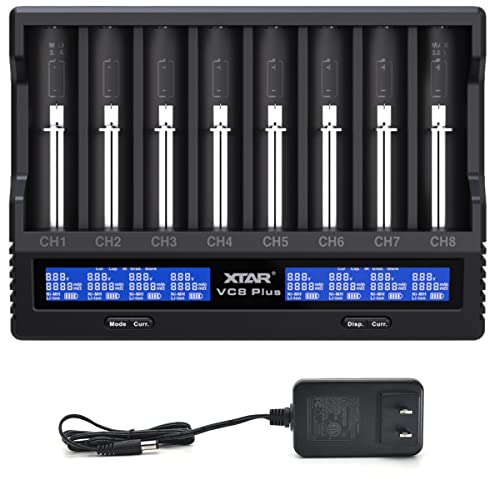 8 bays 21700 18650 Battery Charger XTAR New VC8 Plus 21700 Smart Charger with LCD Display 1A*8 Fast Charger for 3.6V 3.7V Li-ion 10440 18700 26650 1.2V Ni-MH AA AAA C Full Set with DC 12V 3A Adapter