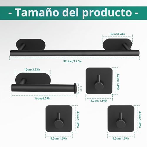 Miniatura 6 de Yunyoda Juego De Toalleros De Baño Sin Taladro, 5pcs Accesorios Baño De Acero Inoxidable, Toallero Adhesivo Baño, Portarrollos Para Papel, Gancho De Pared Para Toallas, 40cm, Negro