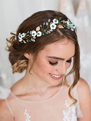 IYOU Crystal Wedding Hair Vines Green Flower Bride Headband Rhinestone Leaf Bridal Hair Accessories for Women