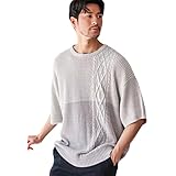 [キャバリア] サマーニット メンズ 5分袖 半袖 ケーブル編み ボーダー 無地 セーター クルーネック おしゃれ 大きいサイズ ビッグシルエット コットン 切替 キレイめ カジュアル ユニセックス ファッション CAJP19-03【-】 (44(M), GRY×CHA(グレー×チャコール))