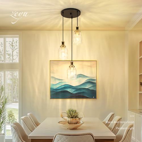 Image of zeyu Adjustable Modern Cluster Pendant Light for Kitchen Island, 3-Light Pendant Lighting, Black and Gold Finish with Water Ripple Glass Shade, ZG33-3 BK+BG-WG