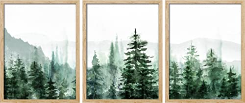 Image of SIGNWIN Framed Mountain Forest Wall Art, Set of 3 Watercolor Pine Tree Wall Decor Prints, Nature Wilderness Wall Décor for Living Room, Bedroom - 12"x16" Natural