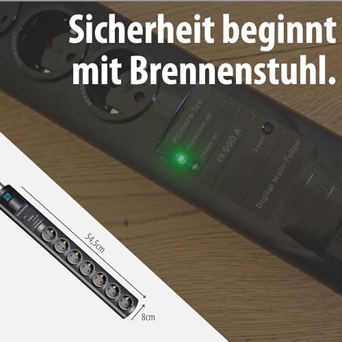 Brennenstuhl Primera-Tec Steckdosenleiste 7-Fach mit &Uuml;berspannungsschutz 19.500A (Steckerleiste mit 2m Kabel, Schalter, Main Follow Funktion) schwarz