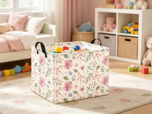 Image of Rectangular Baby Kids Storage Basket for Home Kitchen Girls Cute Toy Storage Bin Organizer Shelf Book Room Decor(Bowknot Flower)