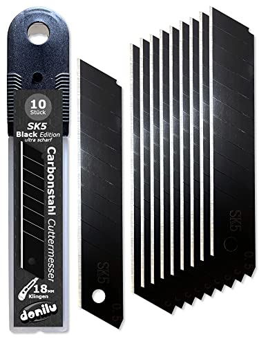 DONILU® Premium 18mm Cuttermesser Klingen - SK5 Carbon-Stahl - schwarze Beschichtung - 10 Stück in einer Box - extrem scharf, Ersatzklingen, Abbrechklingen für Teppichmesser Cuttermesser Cover