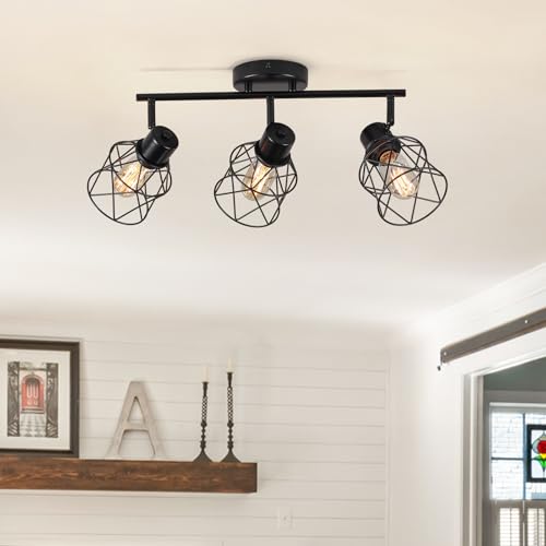 Image of 3 Lights Adjustable Multi-Directional Black Light Fixtures, Semi Flush Mount Ceiling Light, Kitchen Light Fixtures, Track Lighting Fixtures Metal Cage Industrial Spotlight Fixtures for Dining Room
