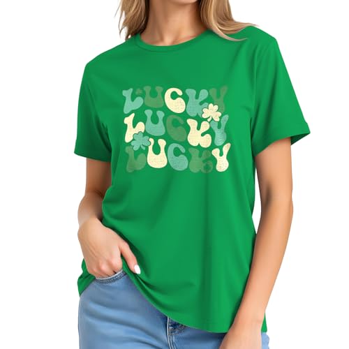 Image of St Patricks Day Shirt Women-Irish Shirts for Women Lucky Shamrock Tees Cute Lucky Short Sleeves