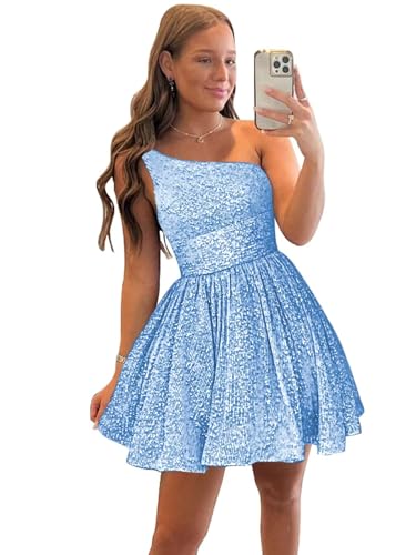 One Shoulder Sequin Homecoming Dresses for Women Teens Sparkly Ruched Short Prom Formal Dress