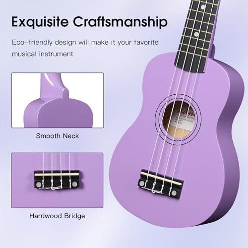 Image of ADM Ukulele for Beginners Hawaiian Wood Ukelele Kit for Kids Adult Student Starter Professional Ukalelee Pack Bundle with Free Lessons Gig Bag Strap Nylon String Tuner (Light Purple, 21 Inch)