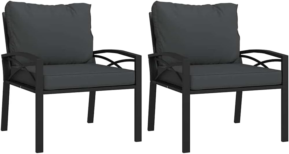 vidaXL Modern Garden Chair Set with Cushions 2 Outdoor Chairs Powder Coated Black and Grey Comfortable Seating for Patio Balcony Furniture Deck Lawn