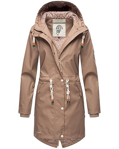 Navahoo Damen Übergangsjacke Regenmantel wasserdichte lange Regenjacke mit verstellbarer Kapuze und geschweißten Nähten Tropical Stormoo Taupe Gr. M