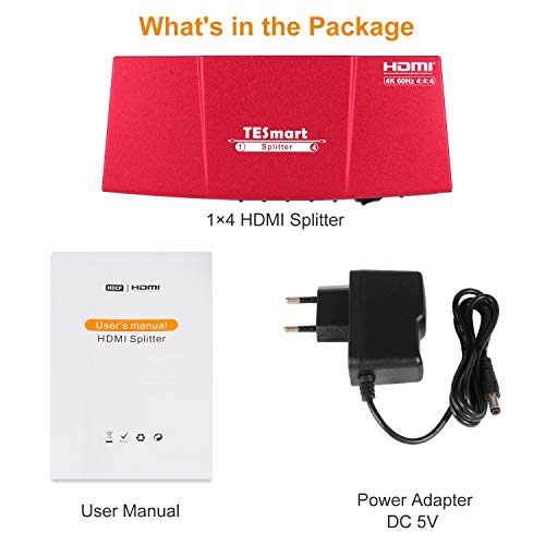 TESmart Splitter HDMI 4K 1x4 Splitter HDMI 1 in 4 Out Supporta HDCP, 4K 60Hz, 3D, UHD, 1080P, Splitter HDMI 1 su 4 per Xbox, PS4, PS3, Roku, lettore Blu-Ray, Firestick, HDTV - Rosso