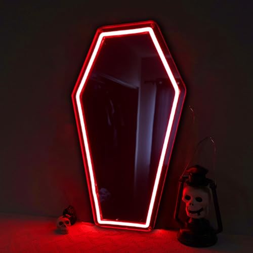 Image of Coffin Mirror Neon Sign, Coffin Neon Signs for Wall Decor, Goth Neon Sign Gift for Goth Lovers, Coffin Make-up Mirror Whimsical Goth Home Decor 17″x9.44″
