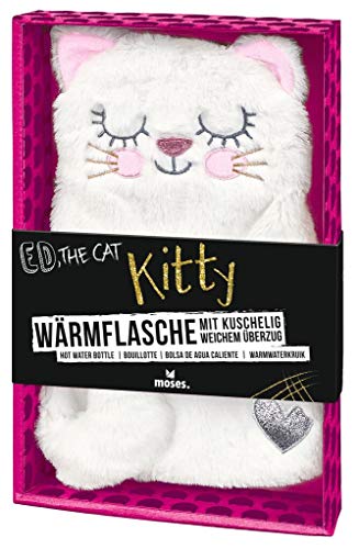 moses. Ed, the Cat Wärmflasche Kitty mit Bezug, Wärmflasche mit weichem Überzug im weißen Katzen-Design, Fassungsvermögen der Flasche ca. 700ml, 1 Stück (1er Pack), Weiß