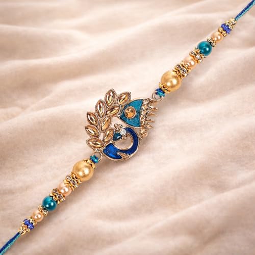 Image of Riddhika Ventures Meenakari Peacock Rakhi - A Bond of Love & Protection with Roli Chawal and Greeting Card
