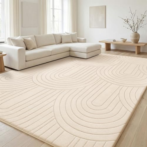 Treeboy Kurzflor Teppich Wohnzimmer Teppich Groß 200 x 300 cm 3D Halbkreismuster Carpet Beige Waschbarer Teppiche Schlafzimmer Flauschige Rugs Teppiche Gegend Mit Rutschmatte