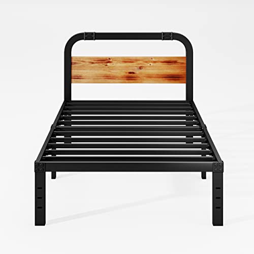 Aardhen Twin Size Bed Frame 14 Inch Rustic Wood Headboard, Heavy Duty Steel Slats Support, Easy Assembly, No Box Spring Needed, Quiet And Sturdy #TOP6