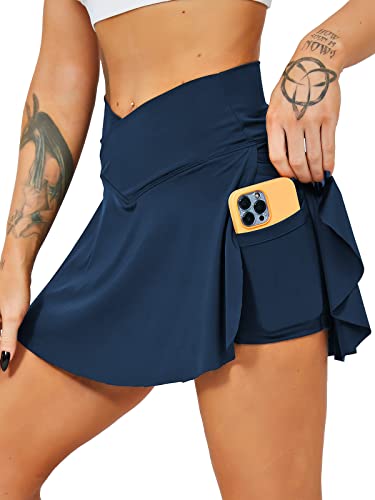 HAWILAND Tennisrock Damen - Hosenrock Crossover Waist V-Bund Tennis Skort mit Taschen Golfrock für Radfahren Wandern Laufen #1 Dunkelblau M