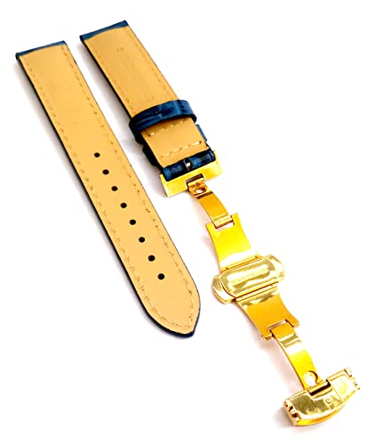 Image of 18mm 19mm 20mm 21mm 22mm 23mm 24mm Genuine Leather Butterfly Deployment Clasp Buckle Watch Band Strap Black Dark Brown TAN Blue Rose Black Gold White