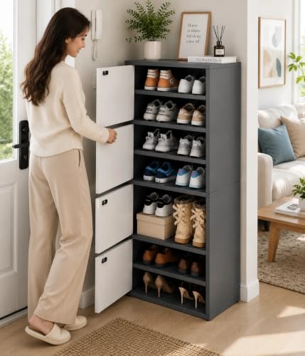 Image of 4-Door Engineered Wood Shoe Rack, 11-Tier Wooden Shoe Rack for Entryway, Shoe Storage Cabinet with Doors Adjustable Shelves, Wooden Shoes Rack Organizer - NEW (Black, 7 - Layer)