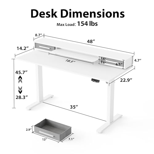 Image of Agilestic 63 Inch L Shaped Electric Standing Desk with Shelf, Height Adjustable Large Desk with Power Outlets & LED, Corner Sit Stand Up Table with Monitor Stand, Computer Workstation, Ivory