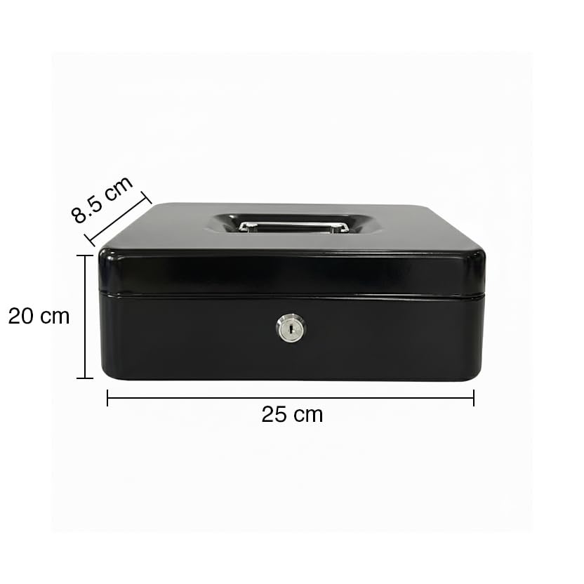 oddpod™ DL Metal Cash Box & Jewelry Safe Locker with Plastic Coin Tray & Key Lock - Large (Black) 1
