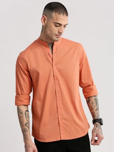 Image of SHOWOFFFF Men Solid Casual Shirt | Mandarin Collar Full Sleeves Cotton Shirt for Mens | Slim Fit Regular Length Shirt for Men's