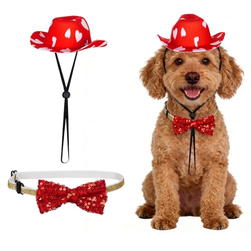 Haakong Valentine’s Day Cowboy Costume for Small Dog Cat Pet Cowboy Hat with Sequins Bowtie Collar for Valentine’s Day Birthday Holiday Party