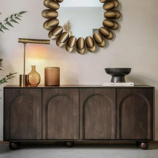 Levon Artson Solid Mango Wood Large Sideboard Cabinet 4 Door Storage Buffet with Arched Panel Design Modern Boho Rustic Console Cabinet for Living Room, Dining Room & Entryway Dark Walnut Finish-image-27