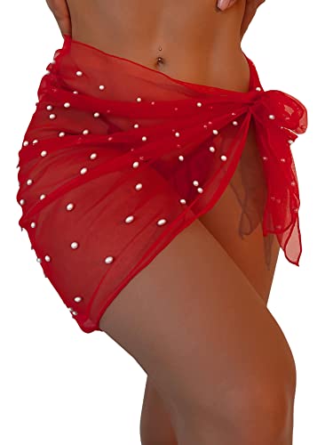 Image of GORGLITTER Women's Cover Up Sarong Wrap Skirt Bachelorette Outfits for Bride Sheer Mesh Bridal Swimsuit Pearl Bathing Suit
