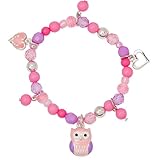Little Owl Pink Purple Beaded Girls Charm Stretch Bracelet Hearts