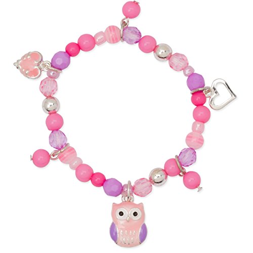 Heirloom Finds Little Owl Pink Purple Beaded Girls Charm Stretch Bracelet Hearts